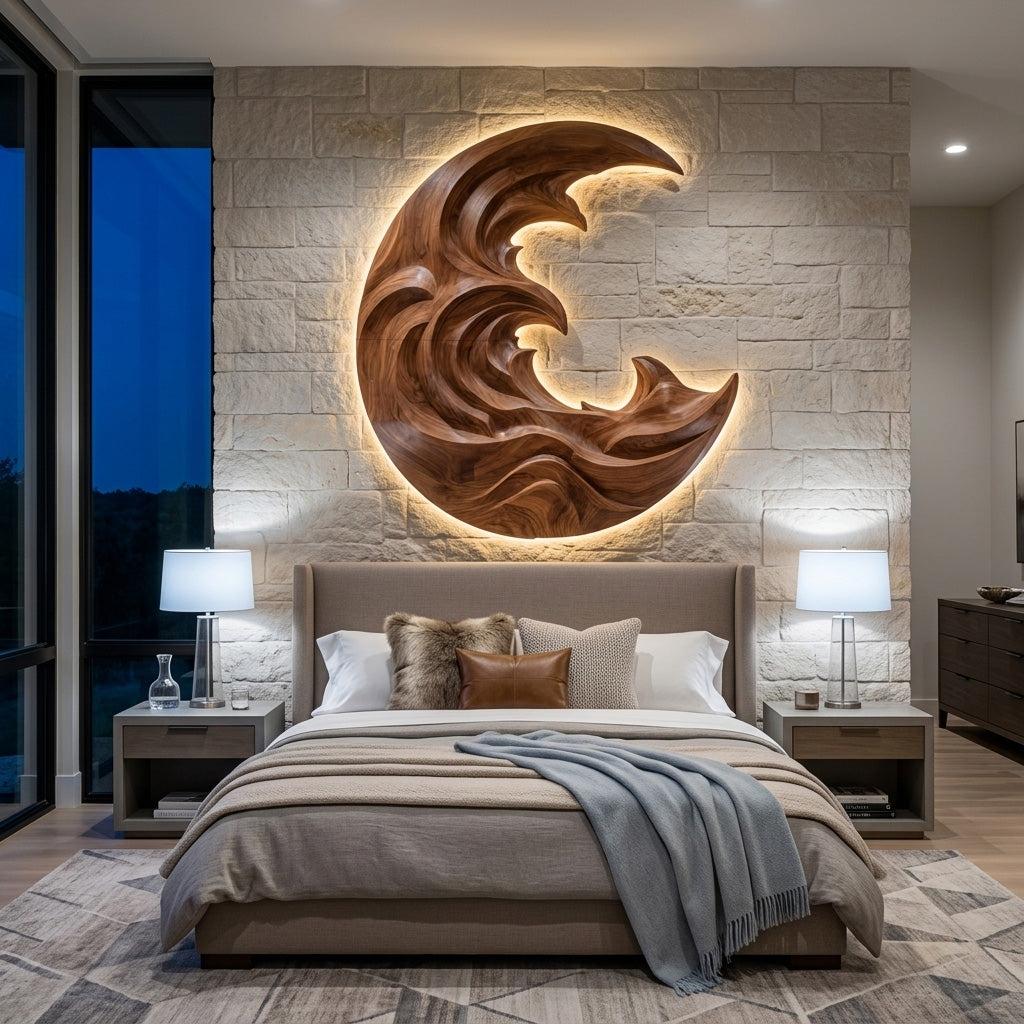 Organic Modern Wood Wave Wall Art, 3D Fluid Hand-Carved Coastal Wood Sculpture Panel for Living Room Decor