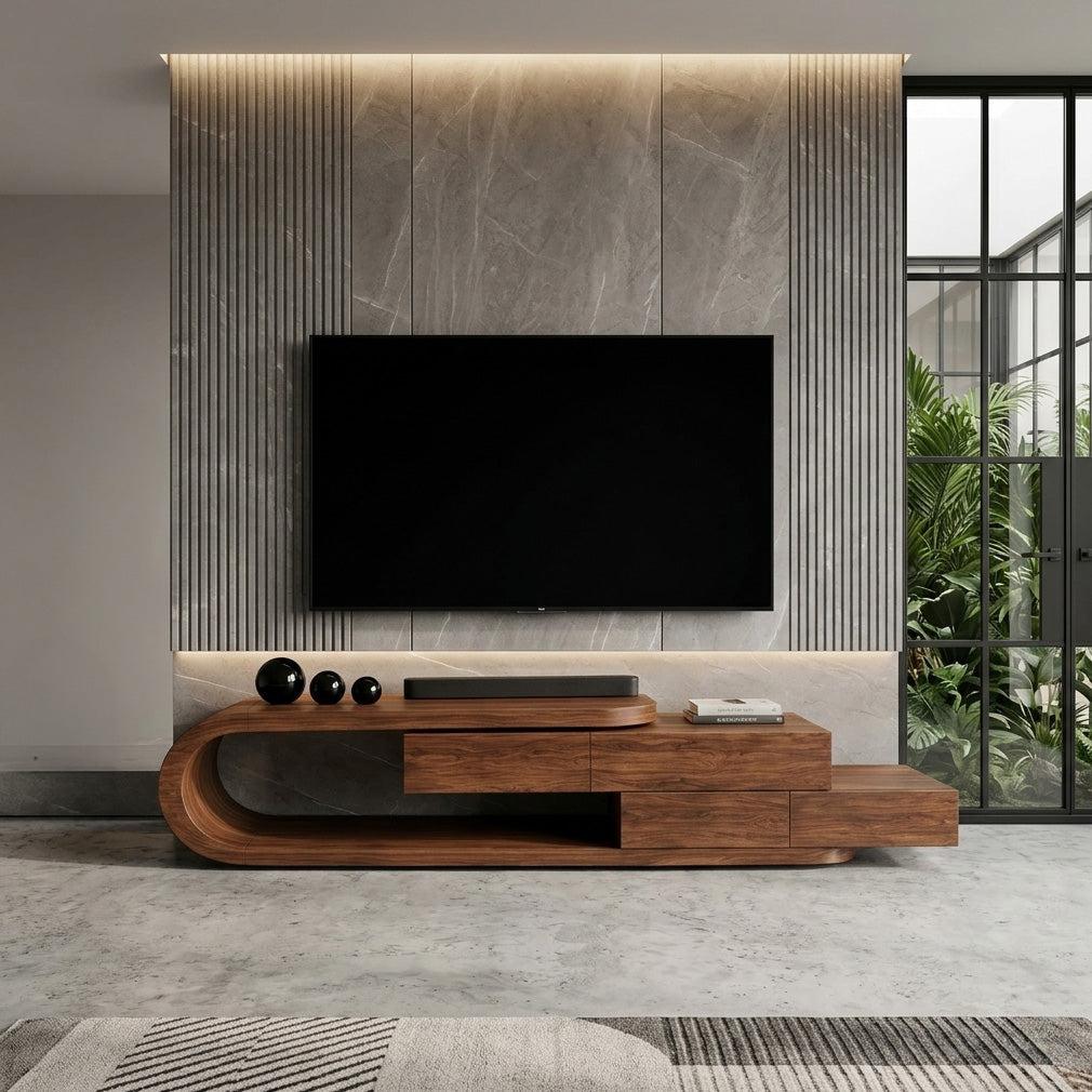 Contemporary Rounded TV Console With 2 Tiers For Living Room