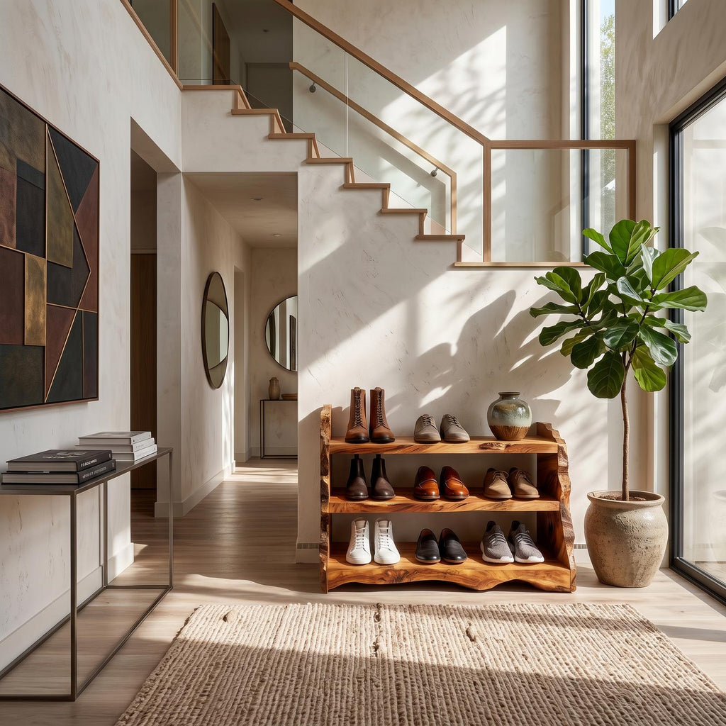 Rustic Vertical Shoe Rack, Space-Saving Tall Wood Shoe Organizer Stand for Cabin & Entryway