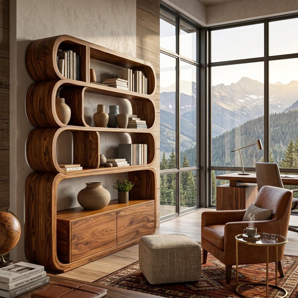 Modern Natural Wood Bookshelf with Curved Structure, Handcrafted Solid Wood Bookcase for Living Room & Office