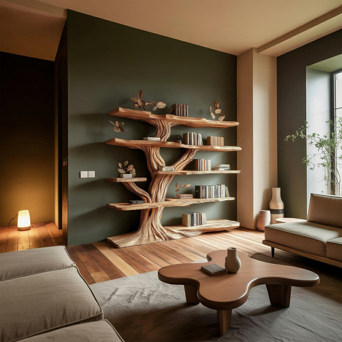 Rustic Sculptural Wood Tree Bookshelf, Handcrafted Wall Mounted Branch Bookcase for Living Room Art Display