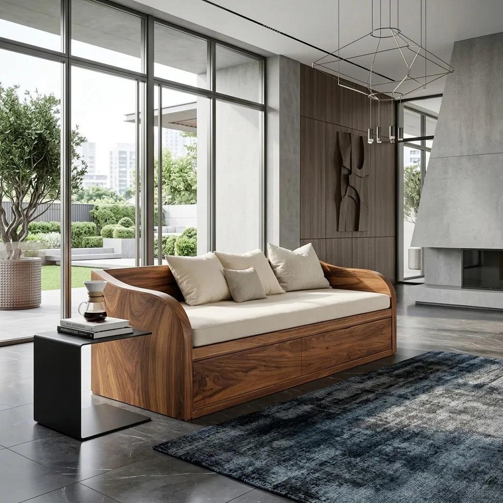 Modern Wooden Sofa With Integrated Drawers For Living Room