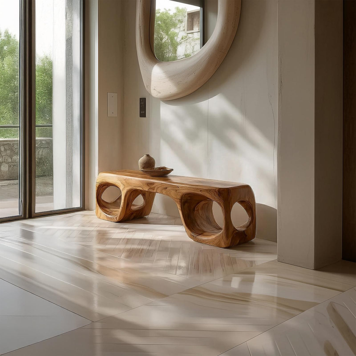 Spry Interior Rustic Organic Shape Wood Bench, Live Edge Bedroom & Living Room Seating Bench, SINLSARS074