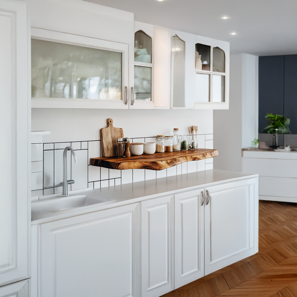 Natural Solid Wood Floating Shelf, Wall Mounted Rustic Kitchen Spice Rack & Decorative Open Shelving Tableware Display