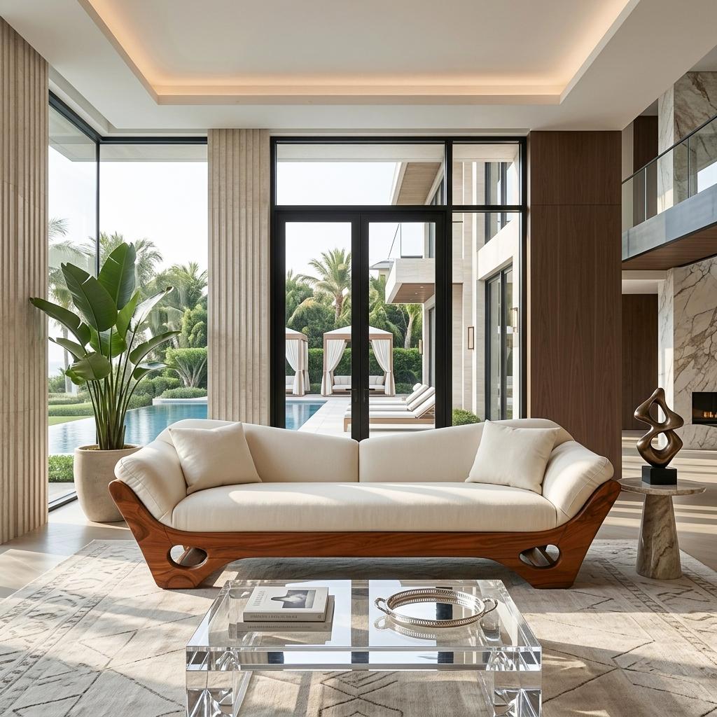 Artistic Wooden Sofa with Sculptural Organic Frame, Contemporary Settee Lounge Couch for Designer Home