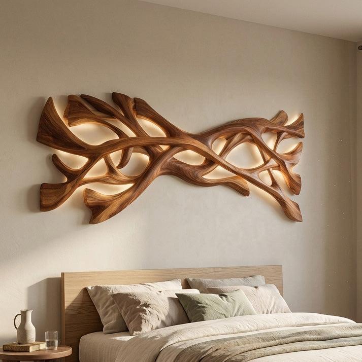 Organic Wood Wall Art, 3D Abstract Wave Hand-Carved Wooden Sculpture Panel for Contemporary Home Accent