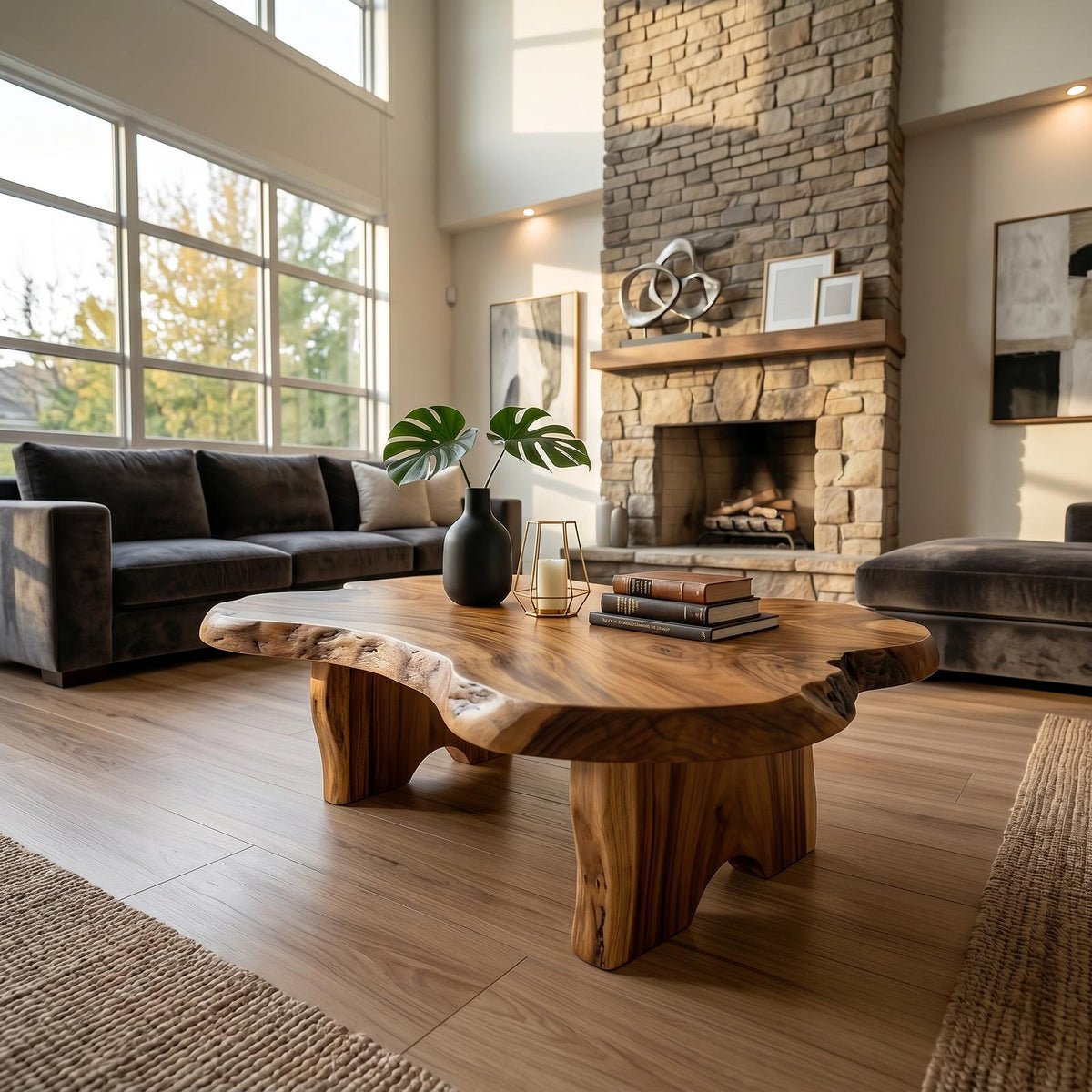 Rustic Live Edge Solid Wood Coffee Table, Natural Wood Slab Center Table for Cabin Fireplace Room and Living Room