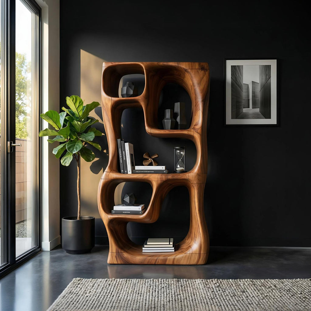 Modern Handcrafted Wooden Bookshelf, Compact Geometric Book Storage Organizer Rack for Small Apartment Home