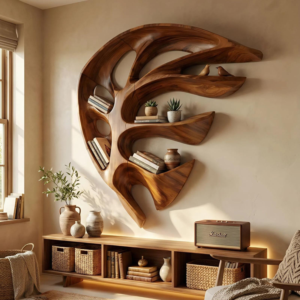 Modern Wall Mounted Wooden Floating Shelf, Handcrafted Solid Wood Wall Spice Rack Organizer for Kitchen Storage