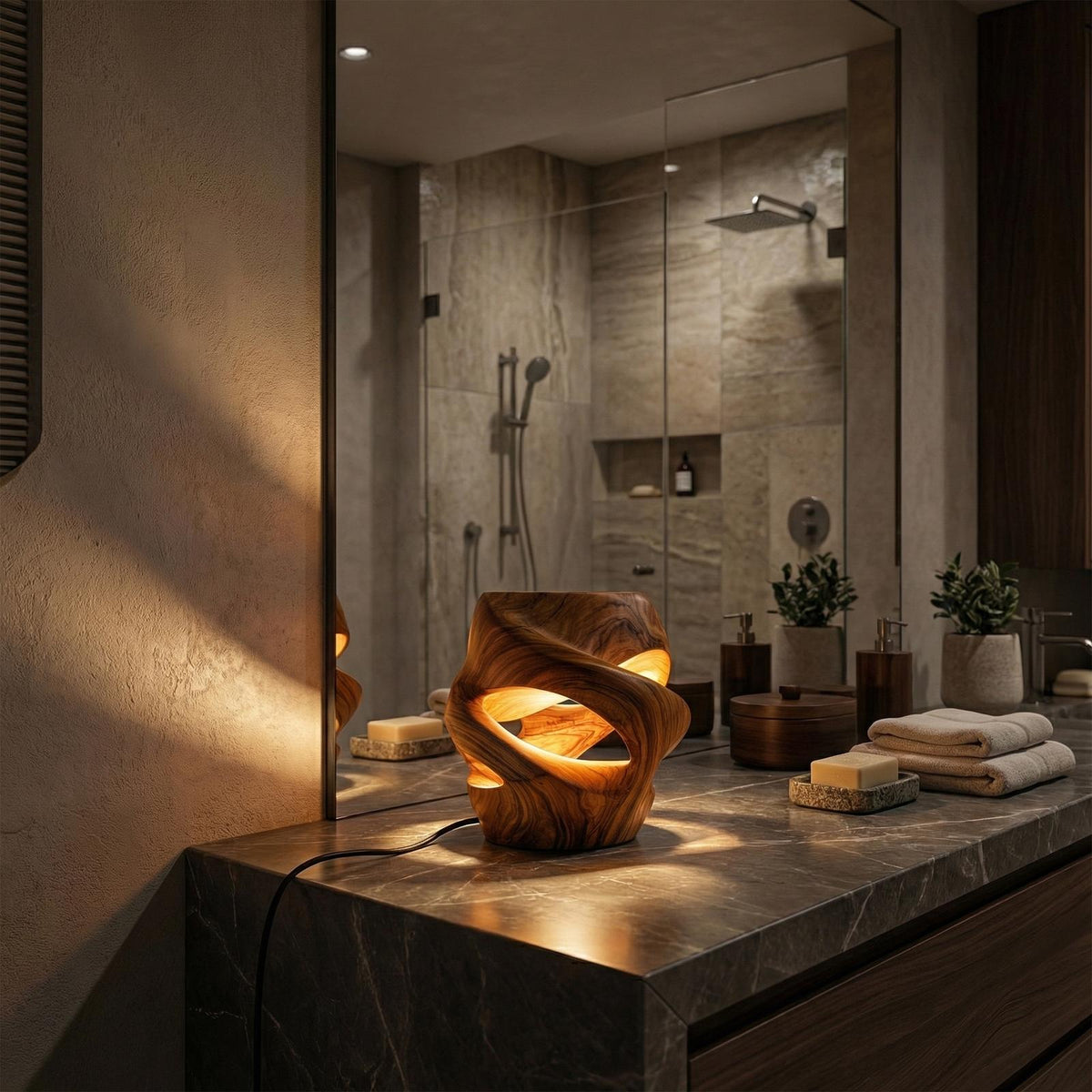 Contemporary Sculptural Table Lamp, Artistic Wood Accent Light for Dining Room & Kitchen Island