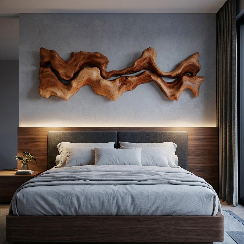 Abstract Hand-Carved Wall Art Sculpture, Modernist 3D Geometric Wooden Panel Decor for Bedroom Living Room