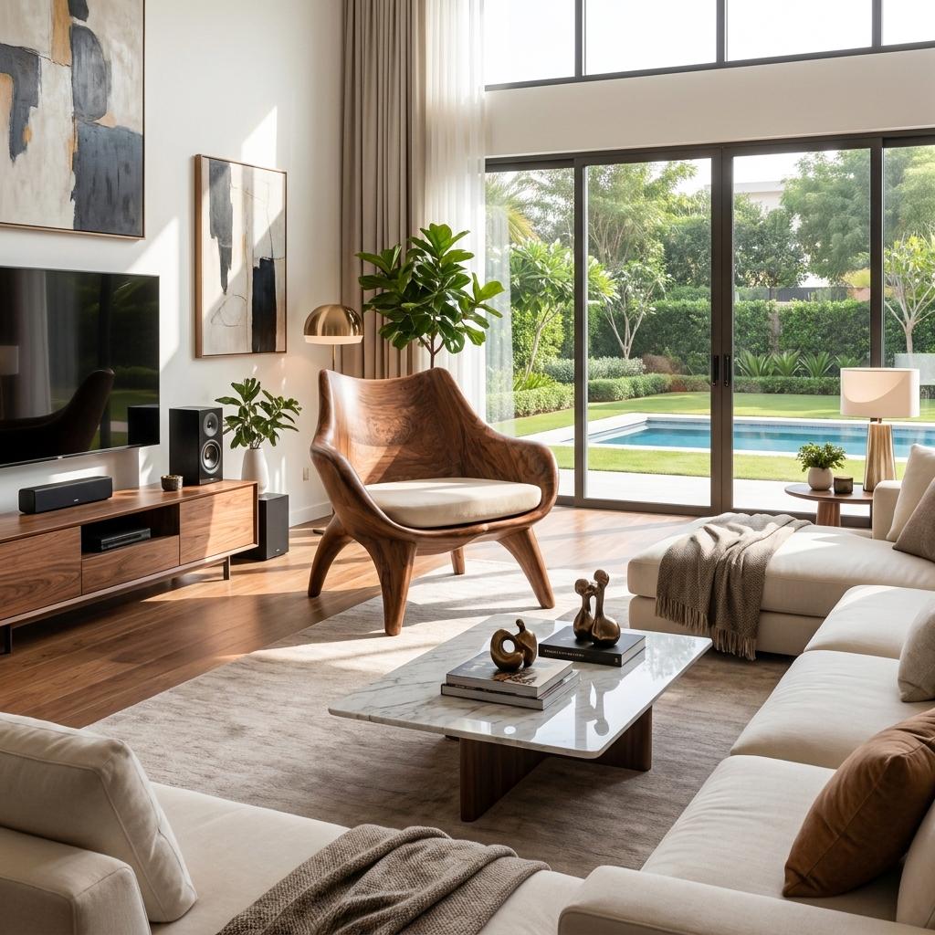 Modern Sculptural Lounge Chair, Handcrafted Wood Accent Armchair with Artistic Curved Frame for Living Room