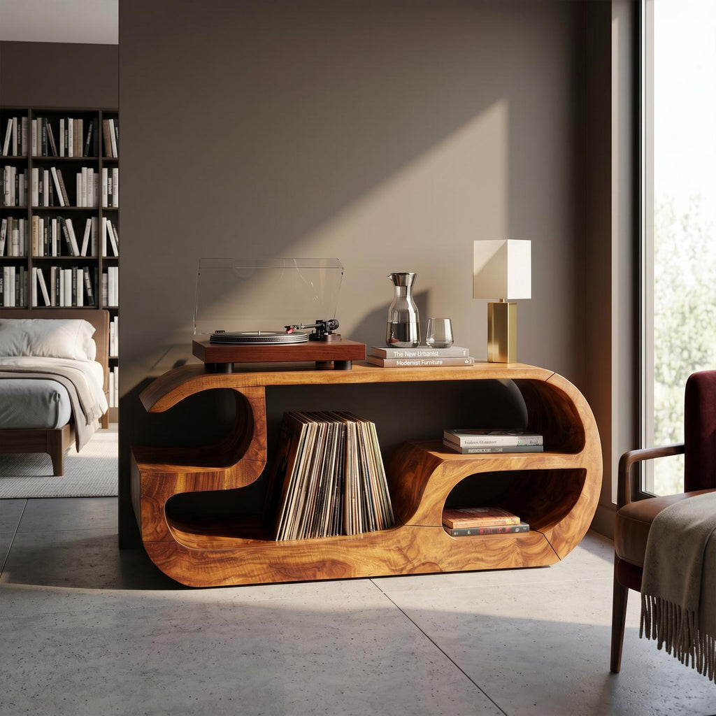 Minimalist Curved Wooden Record Player Stand, Handcrafted Small Space Vinyl LP Storage Cabinet, Model