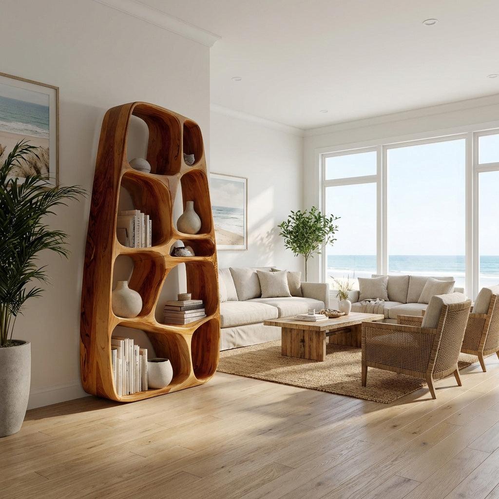 Handcrafted Wooden Sculptural Bookshelf, Solid Wood Standing Bookcase for Modern Living Room & Office Decor