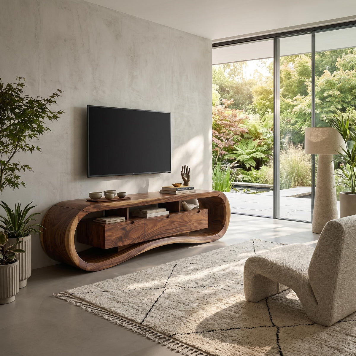 Modern Sculptural TV Stand Console, Handcrafted Solid Wood Media Center Cabinet for Minimalist Luxury Living Room