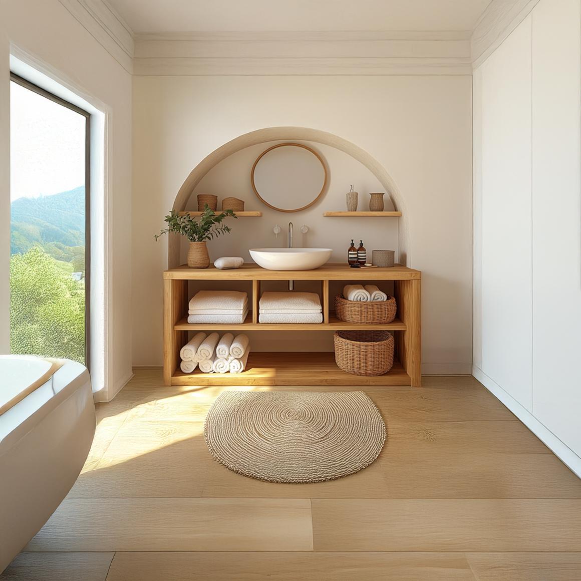Spry Interior Modern Wooden Bathroom Storage Cabinet, Clean Natural Wood Finish Linen Tower & Organizer Shelves for Home Bathroom, SINLSABRV207