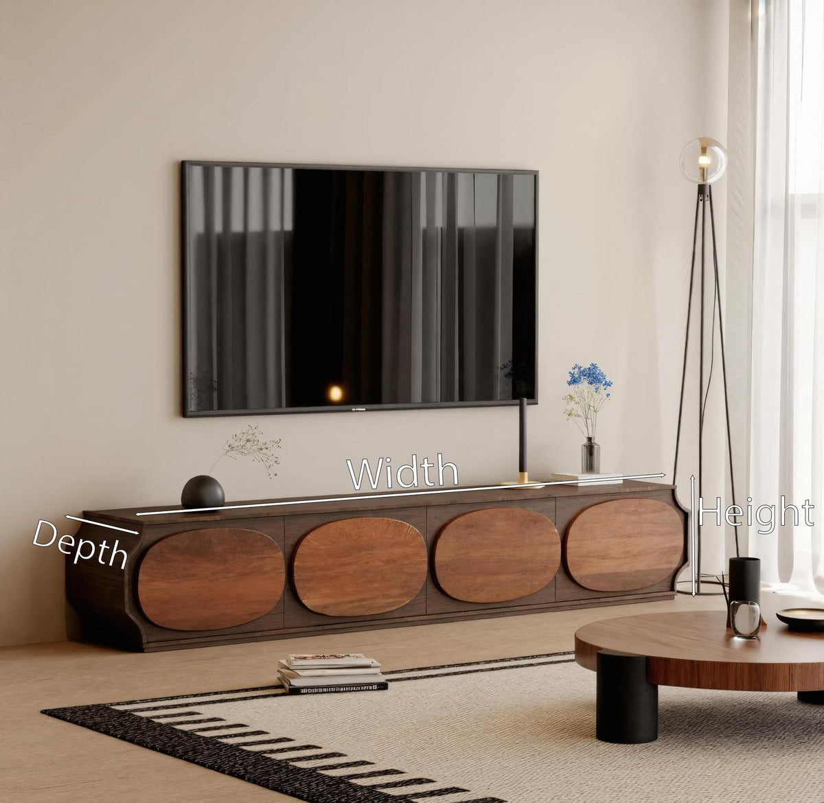 Modern Rounded Wood TV Console, Curved Media Stand & Entertainment Center Cabinet for Living Room