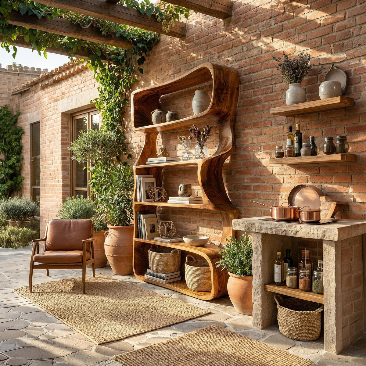 Organic Wooden Bookshelf, Handcrafted Solid Wood Display Rack & Geometric Bookcase for Living Room & Home Office