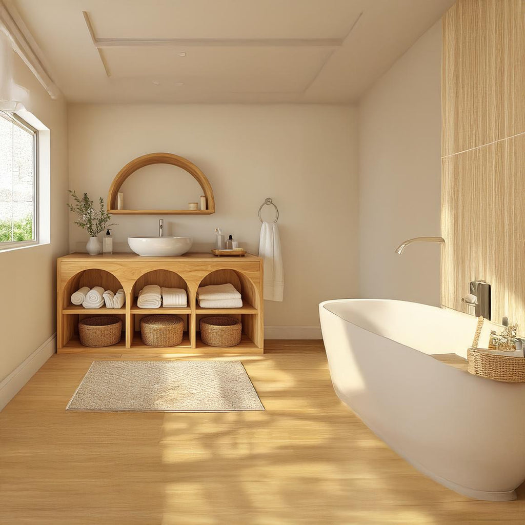 Scandinavian Wooden Bathroom Storage Cabinet with Arched Open Shelves, Natural Wood Linen Organizer for Modern Home