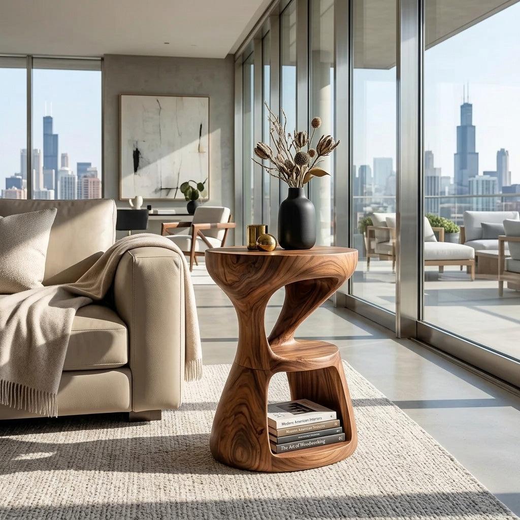 Modern Sculptural Side Table, Handcrafted Solid Wood End Table & Nightstand for Living Room Lounge, Model