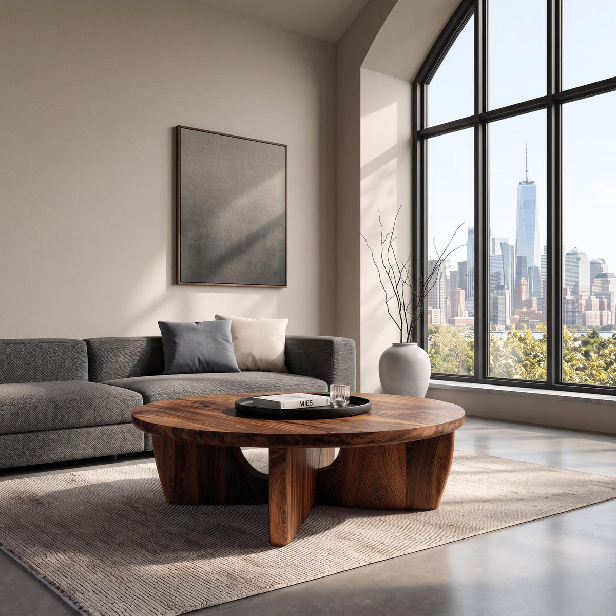 Round Wooden Coffee Table with Unique Pedestal Base, Modern Solid Wood Center Table for Living Room, Model