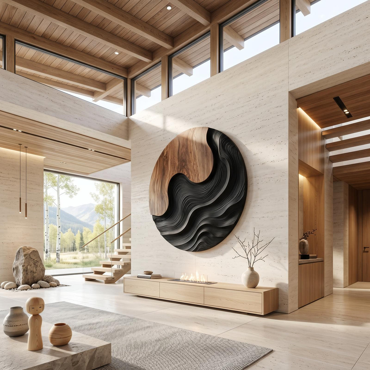 Scandinavian Decorative Wood Wall Sculpture, Modern Abstract Wall Art Panel for Resort Suite and Living Room