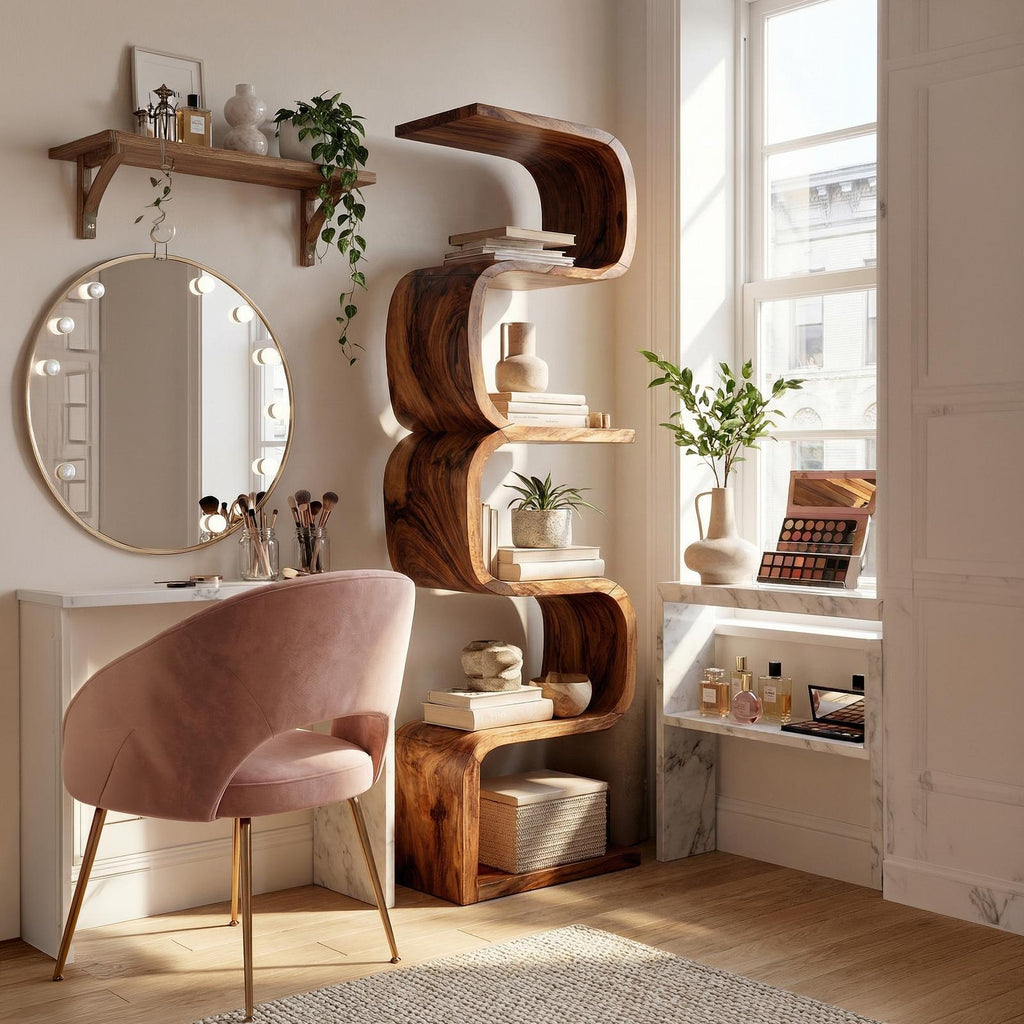 Rustic Farmhouse Wavy Bookshelf, Unique Wooden Bookcase Storage Shelf for Living Room & Bedroom