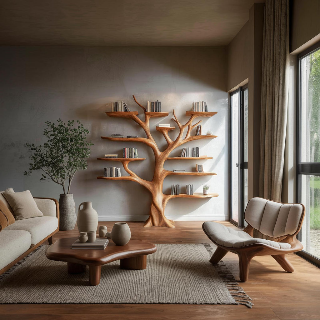 Organic Modern Artistic Wood Bookshelf, Handcrafted Floating Branch Wall Mounted Bookcase for Living Room Decor