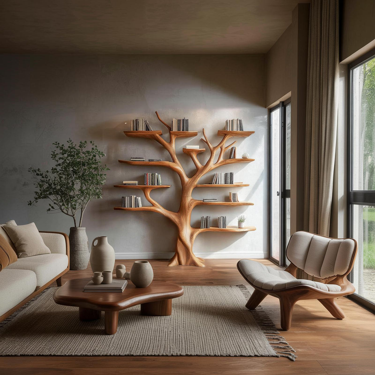 Organic Modern Artistic Wood Bookshelf, Handcrafted Floating Branch Wall Mounted Bookcase for Living Room Decor