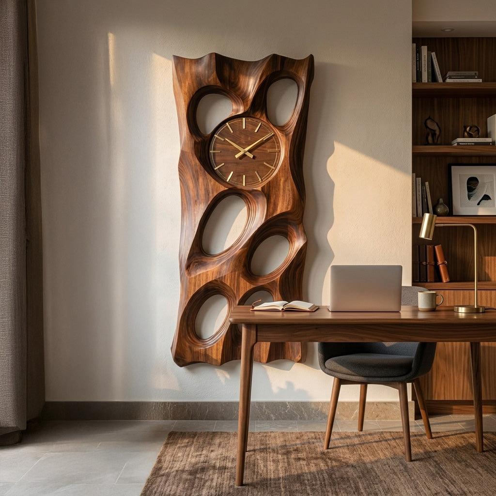 Wooden Wall Clock with Openwork Geometric Design, Modern 3D Carved Wood Hanging Clock for Living Room Wall Decor
