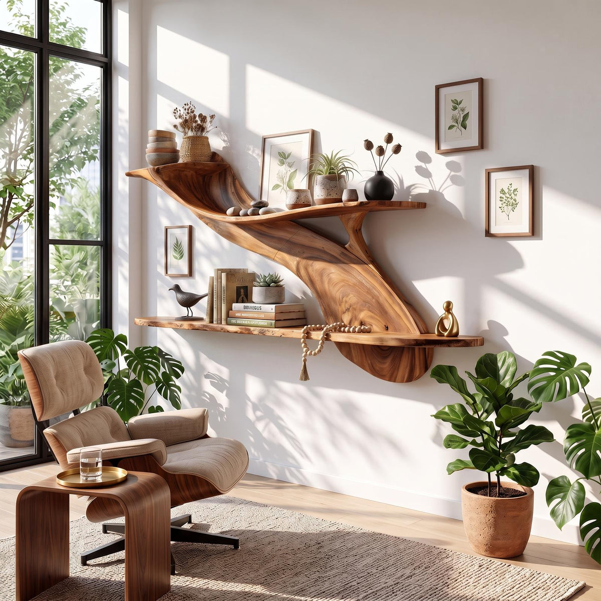Handcrafted Natural Wood Floating Shelf, Wall Mounted Bookshelf & Storage Rack for Home Library