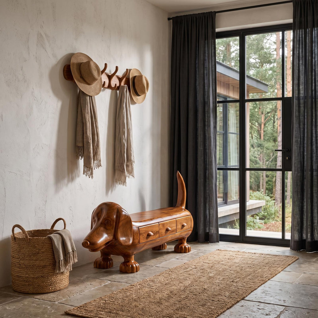 Rustic Dachshund Storage Bench For Entryway And Mudroom