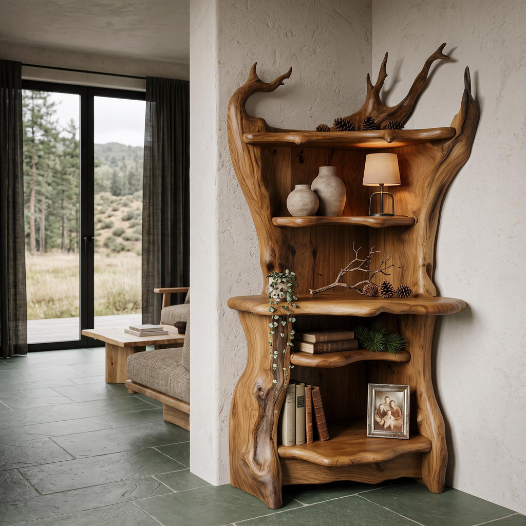 Rustic Corner Bookcase With Live Edge Shelves For Reading Nook