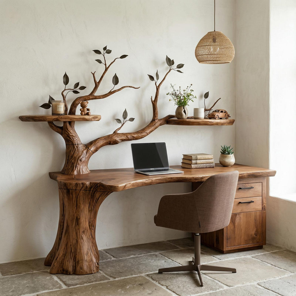 Sculptural Tree Desk With Floating Shelf Natural Branch Design Home Office And Workspace