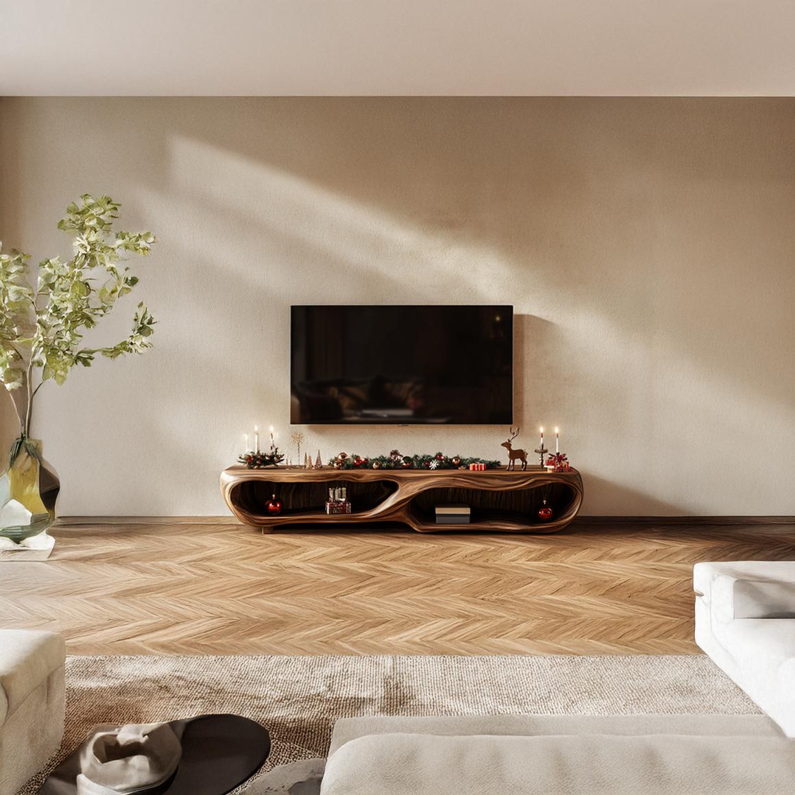 Rustic Wood TV Cabinet, Farmhouse Solid Timber Media Console, Low Profile TV Stand Credenza for Living Room