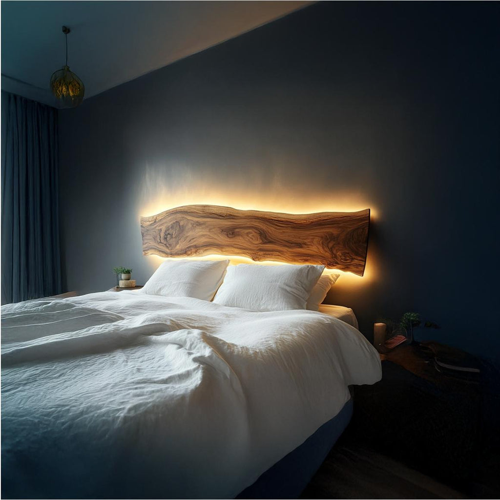 Live Edge Wooden Headboard Solid Wood Bedroom Interior Backlit Design SINLSADH007