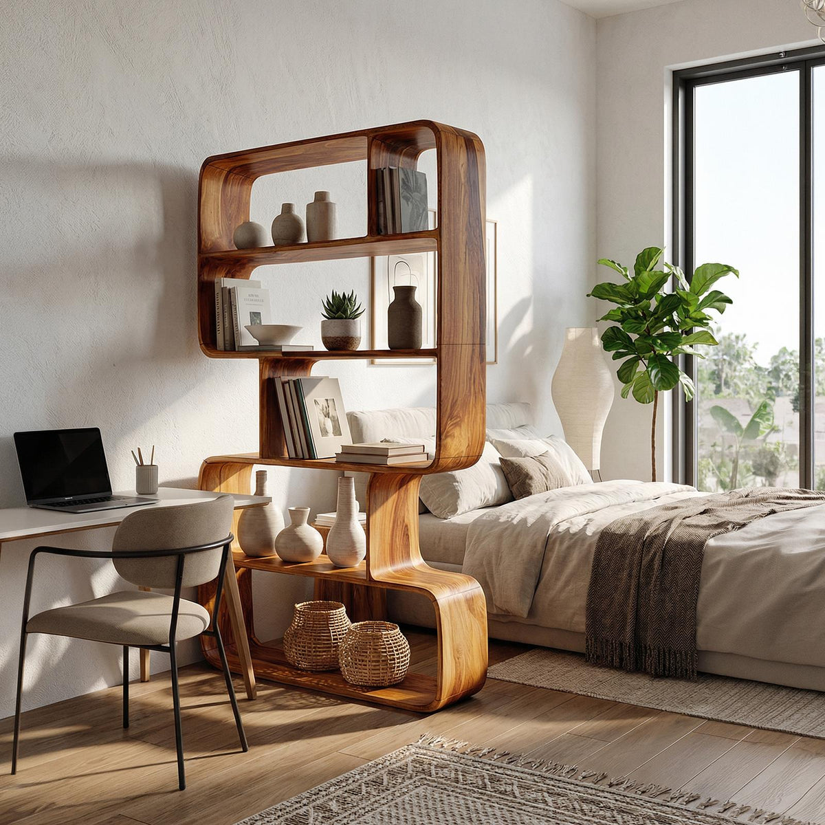 Japandi Sculptural Wood Bookshelf, Wall-Mounted Bathroom Open Storage Display Cabinet & Towel Rack Organizer