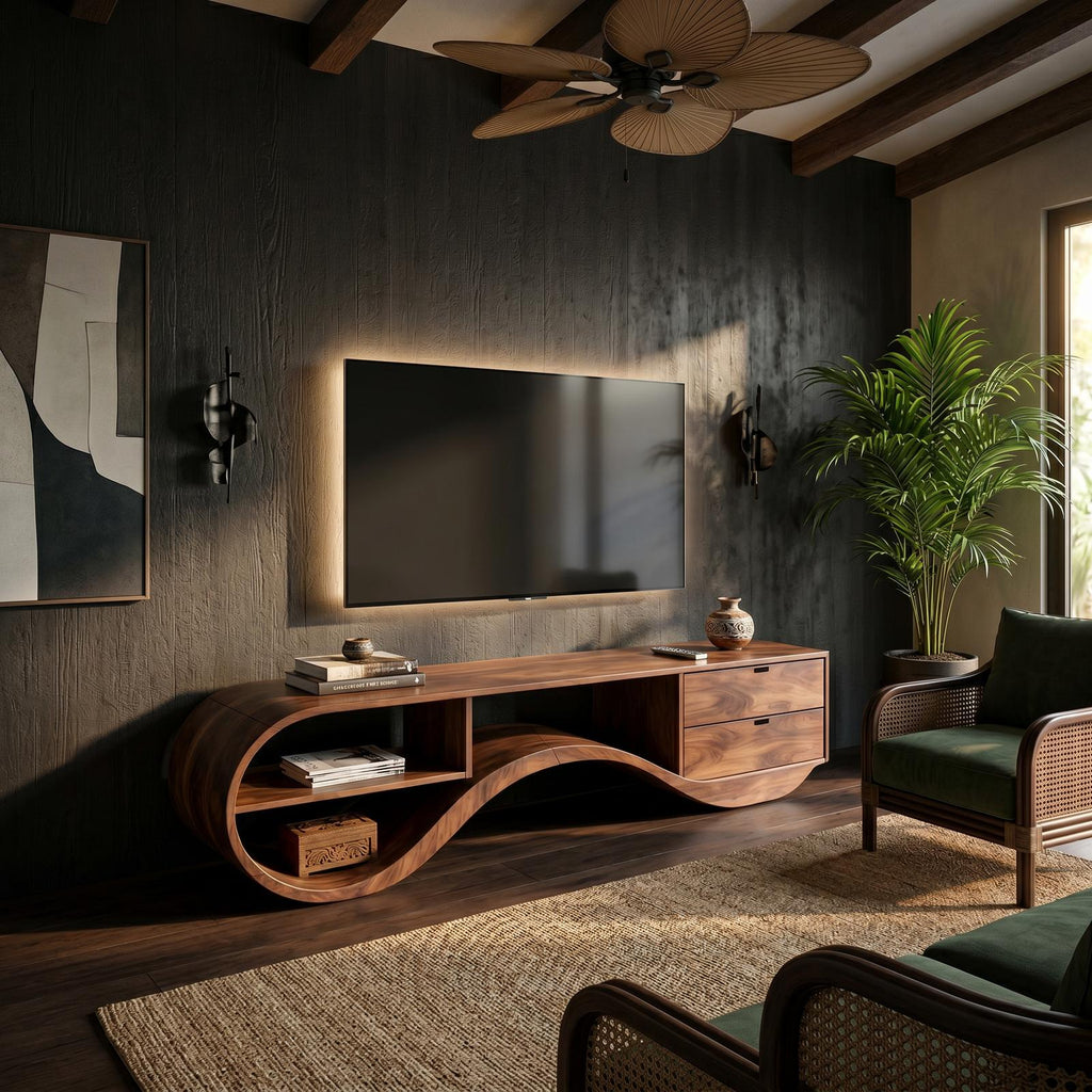 Minimalist Organic Wood TV Console, Mid-Century Modern Media Stand & Entertainment Center for Home Theater