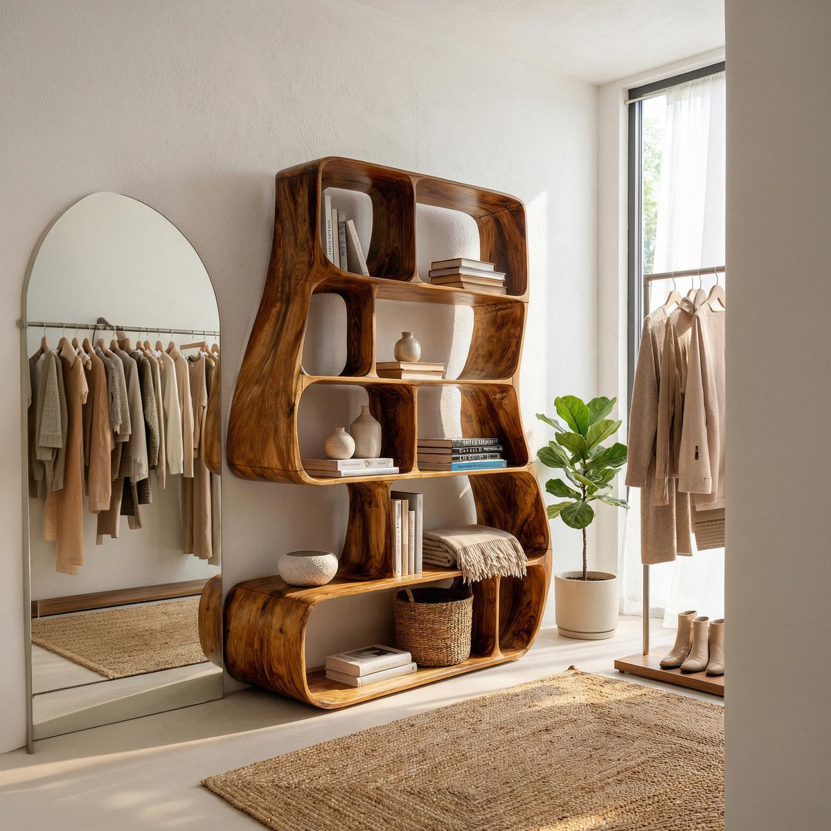 Contemporary Artistic Bookshelf, Unique Wooden Decorative Bookcase for Bedroom & Office Corner
