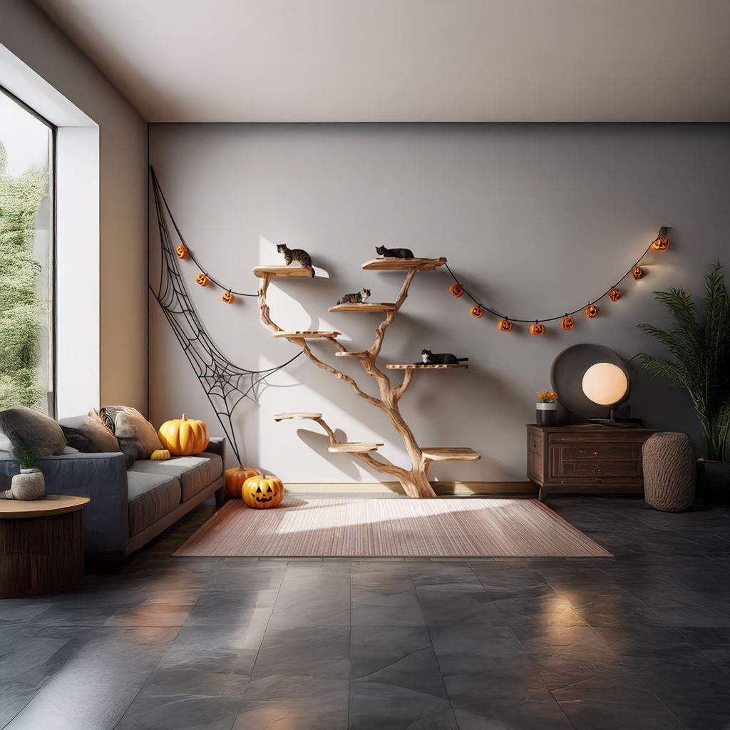 Rustic Wall Mounted Cat Tree, Real Wood Branch Cat Climbing Tower with Perch, Spooky Gothic Halloween Cat Furniture