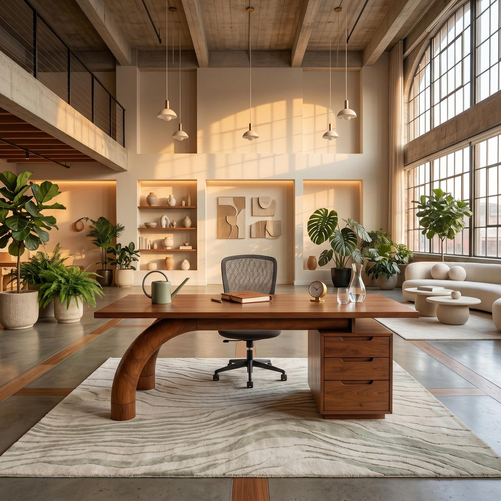 Modern Curved Solid Wood Office Desk with Open Shelf Storage, Handcrafted Laptop Computer Desk, Study Writing Table