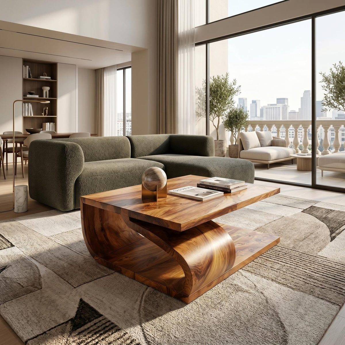 Modern Curved Base Wood Coffee Table, Solid Wood Sculptural Center Table for Apartment Living Room, Minimalist