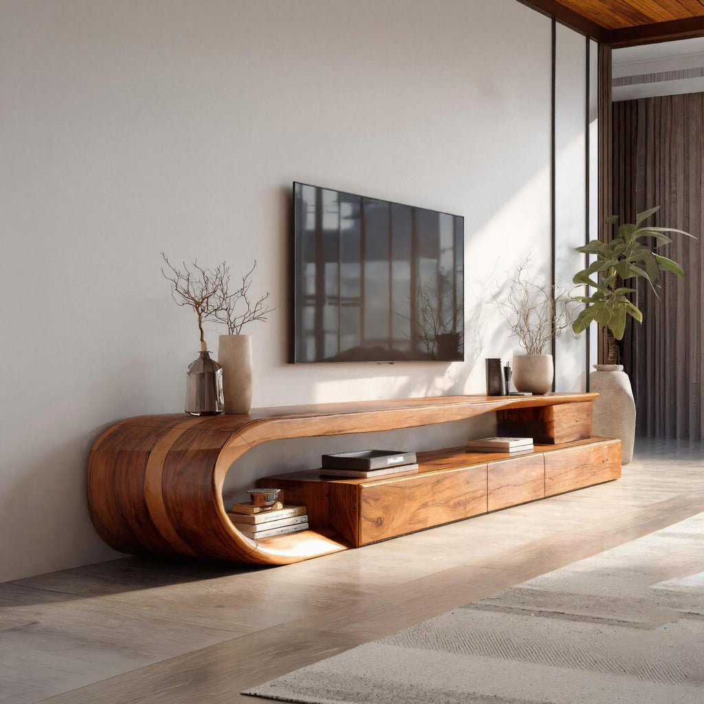 Modern Curved Wooden TV Console Cabinet, Handcrafted Solid Wood Media Storage Credenza with Drawer for Living Room