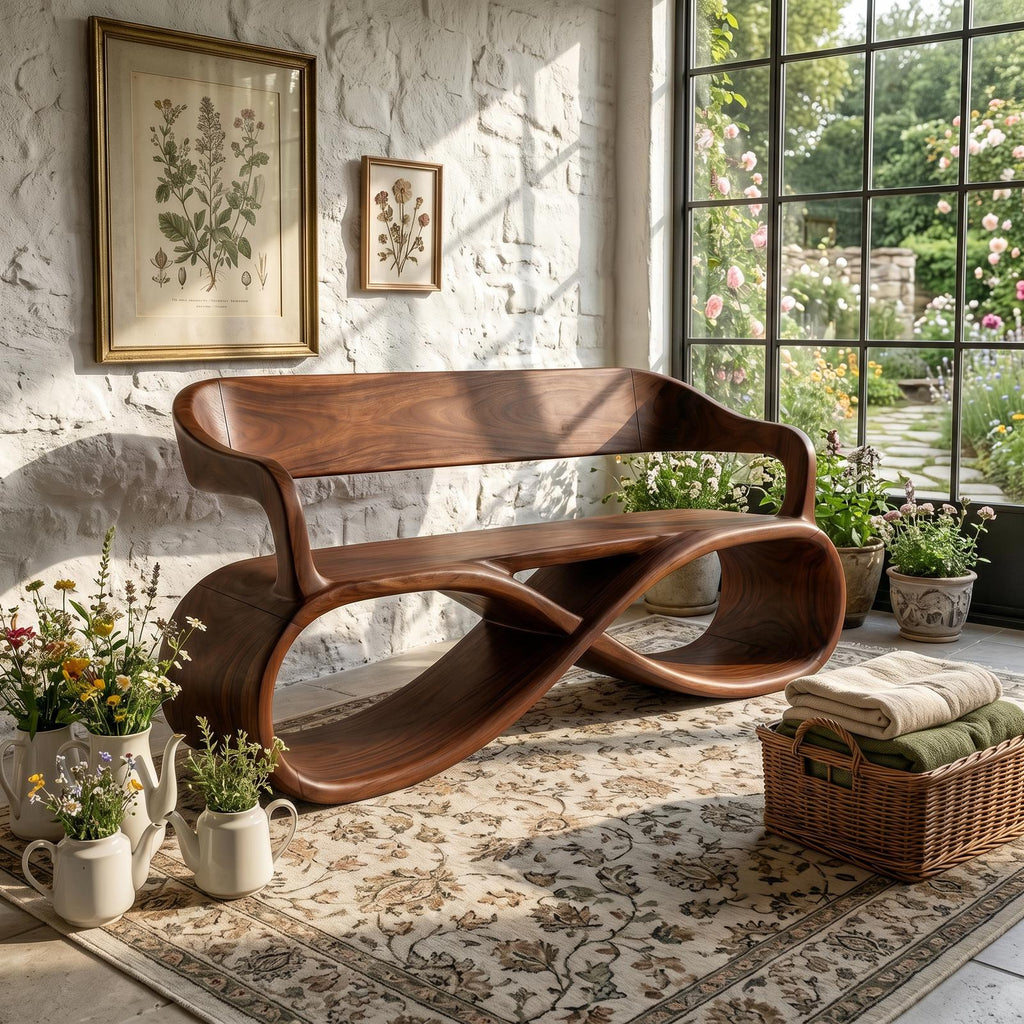 Sculptural Wooden Bench Modern Living Room