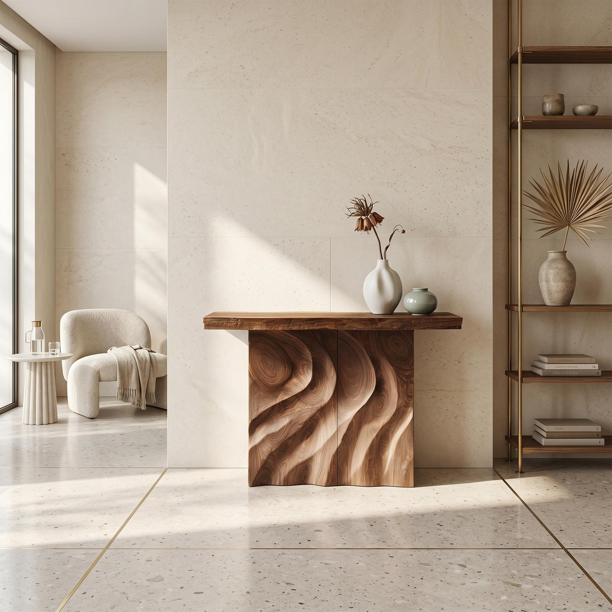Mid Century Sculpted Base Console Table For Reception Area