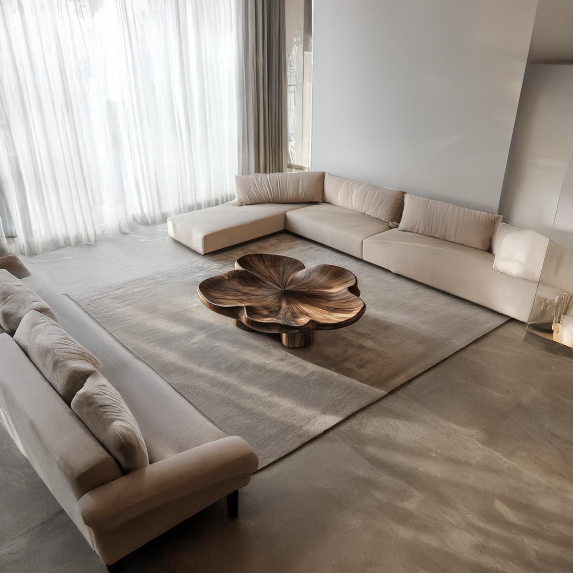 Organic Sculptural Petal Coffee Table, Solid Wood Flower Bloom Accent Centerpiece for Living Room, Lounge, Studio