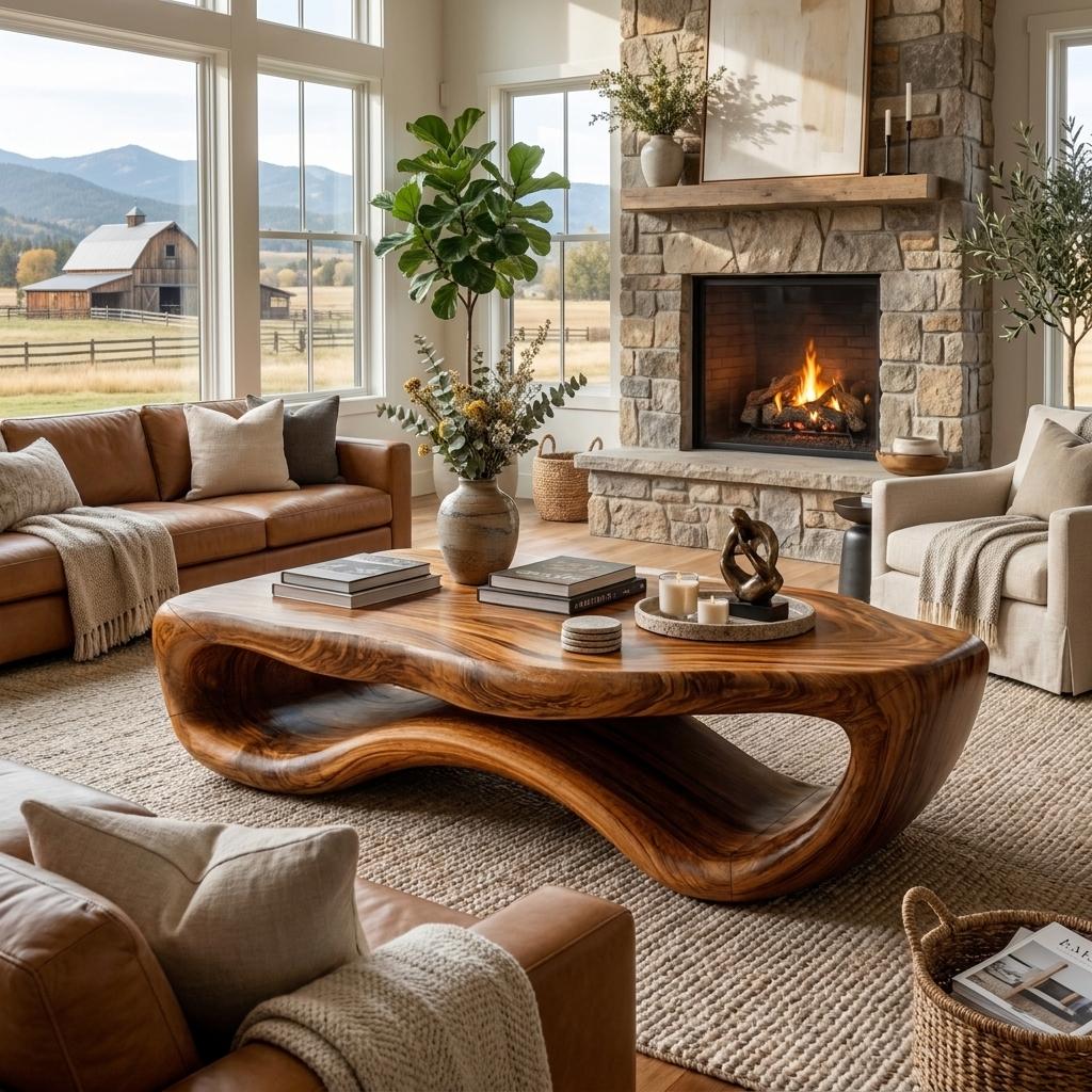 Artistic Wooden Coffee Table with Curved Form, Handcrafted Solid Wood Living Room Center Table, Model