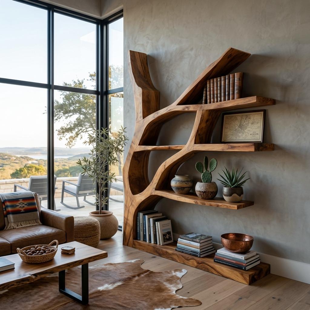 Contemporary Wooden Bookshelf with Sculptural Shape, Handcrafted Solid Wood Bookcase for Living Room & Library