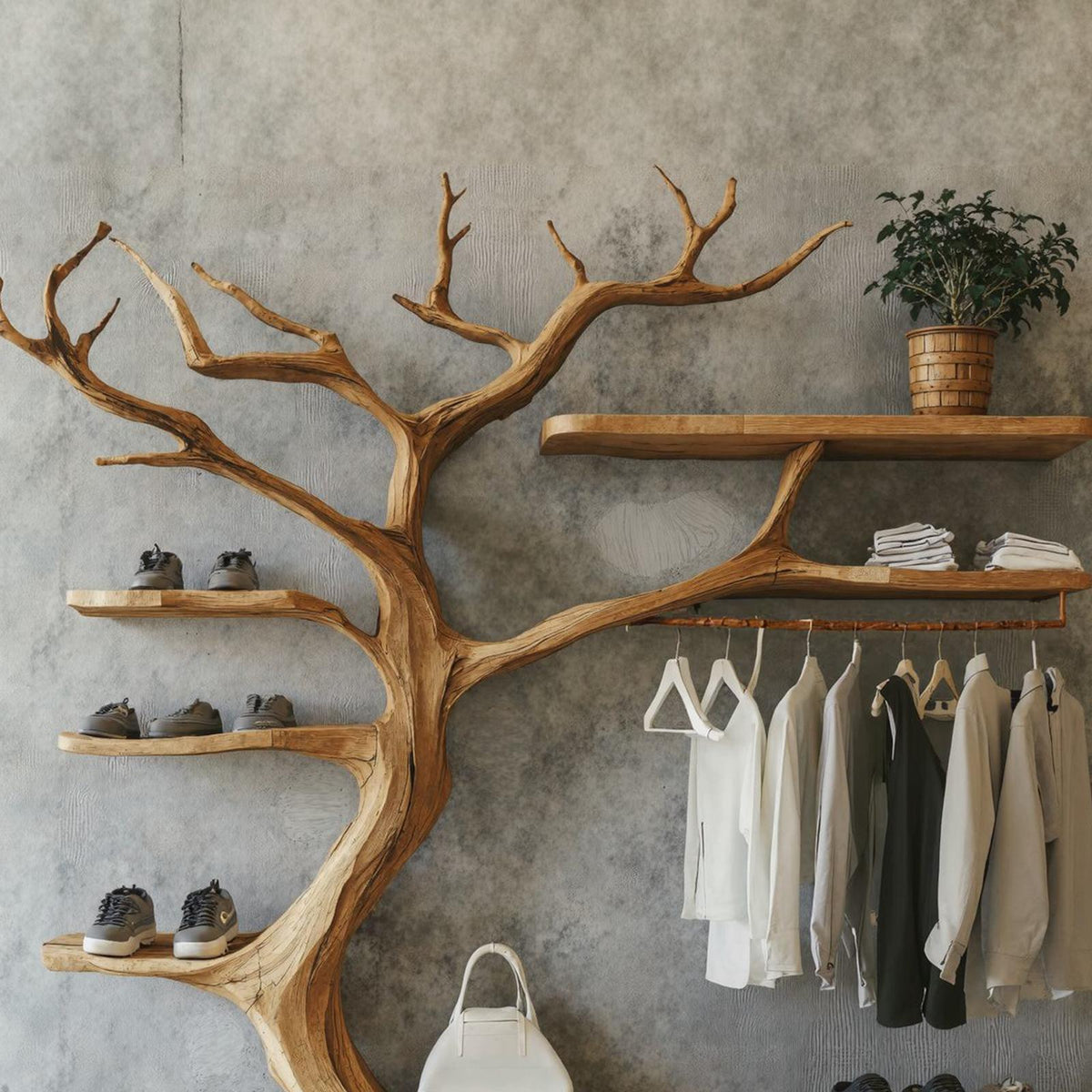 Rustic Tree Branch Standing Shoe Rack Coat Hanger Stand