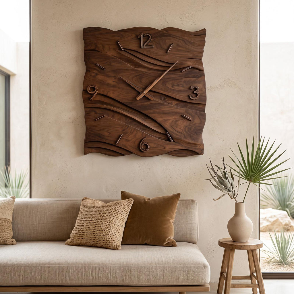 Organic Modern Wood Wave Wall Clock, Handcrafted Solid Wooden Wavy Artistic Timepiece for Home Decor